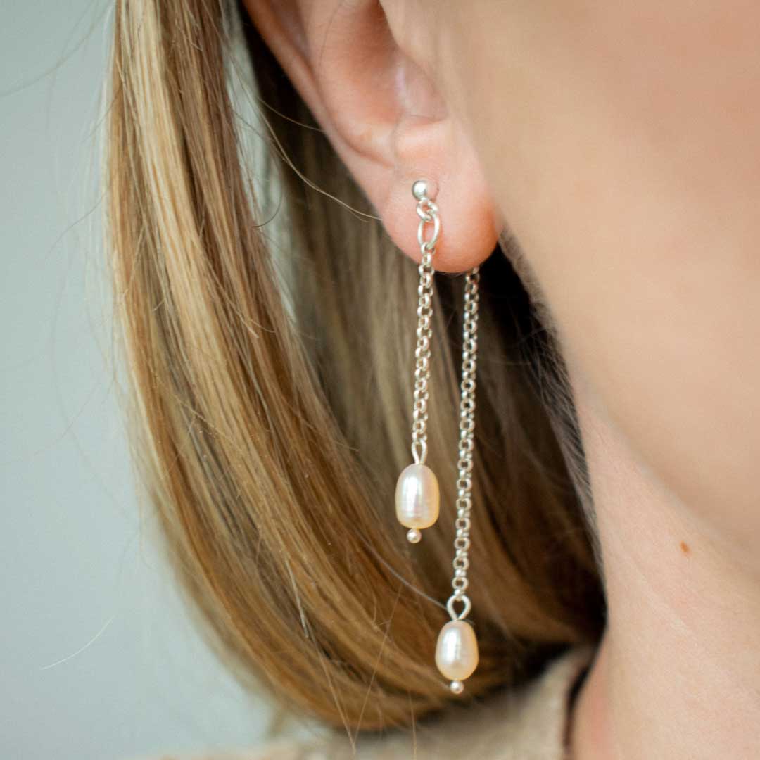 Sterling Silver Double Chain Pearl Earrings | Made in Estonia 🇪🇪