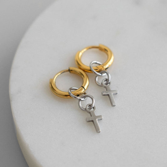 Bicolor Hoops with Detachable Cross Pendants