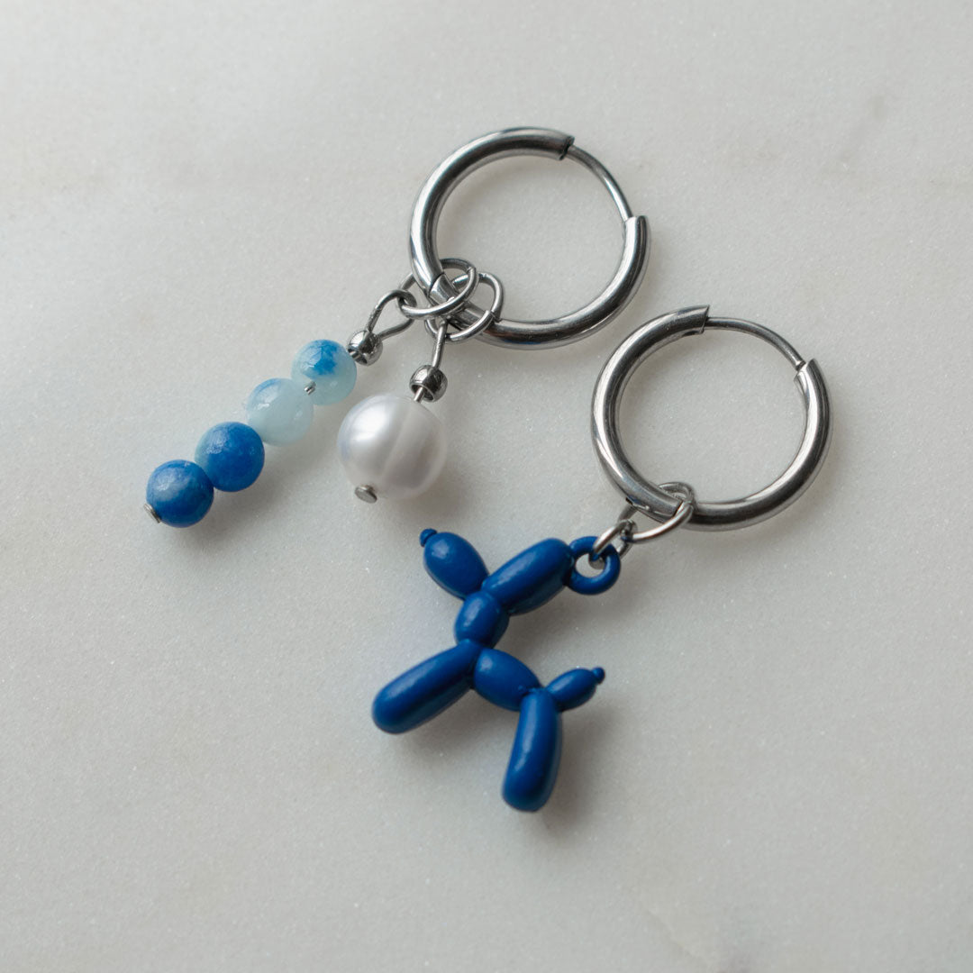 Blue Bead & Balloon Dog Asymmetric Hoops