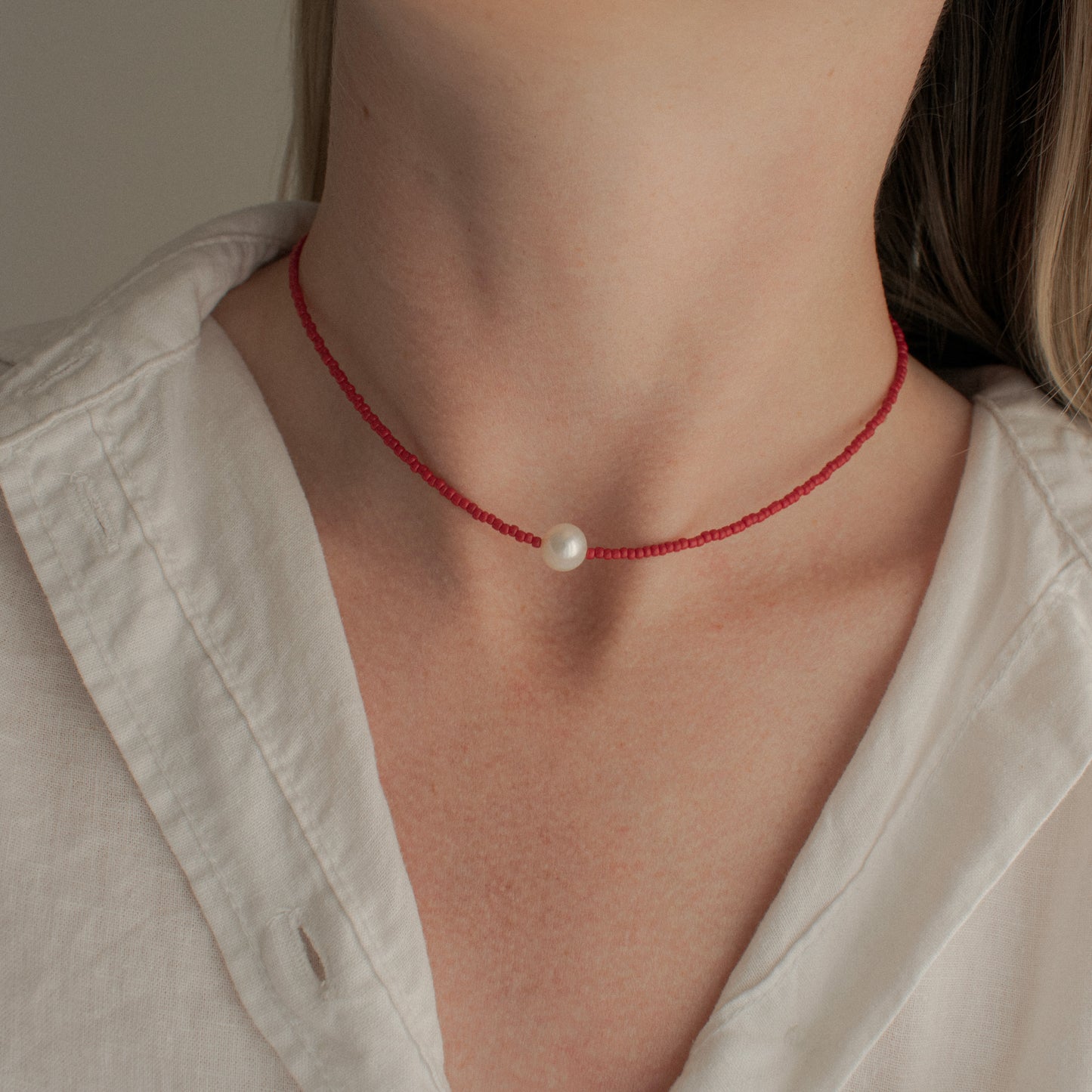 Red Beaded Pearl Necklace