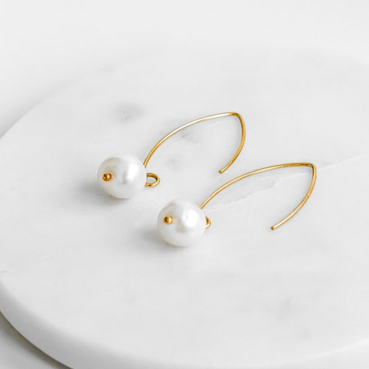 Sterling Silver Pearl Drop Earrings with Curved Ear Wire by Unikke Jewels | Made in Estonia 🇪🇪