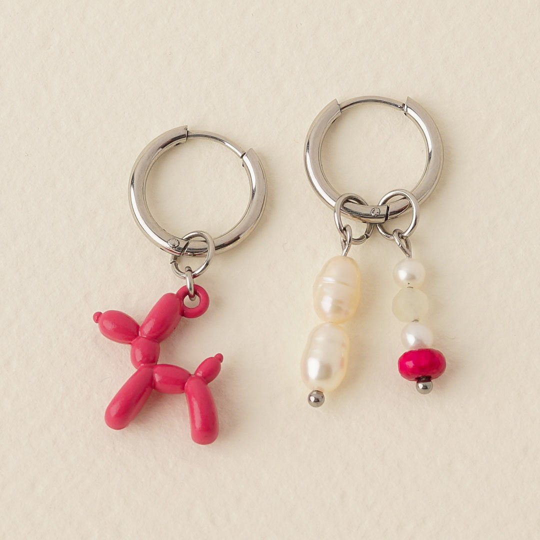 Villi - Pink Balloon Dog & Pearl Asymmetric Hoops