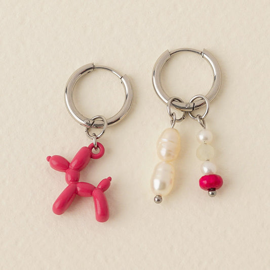 Villi - Pink Balloon Dog & Pearl Asymmetric Hoops
