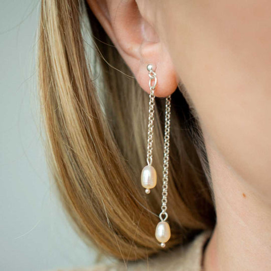 Sterling Silver Double Chain Pearl Earrings | Made in Estonia 🇪🇪