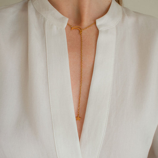 Stainless Steel Moon and Star Lariat Necklace