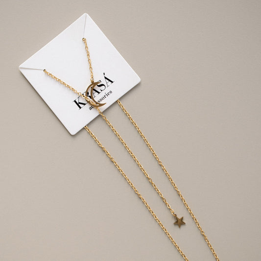 Stainless Steel Moon and Star Lariat Necklace