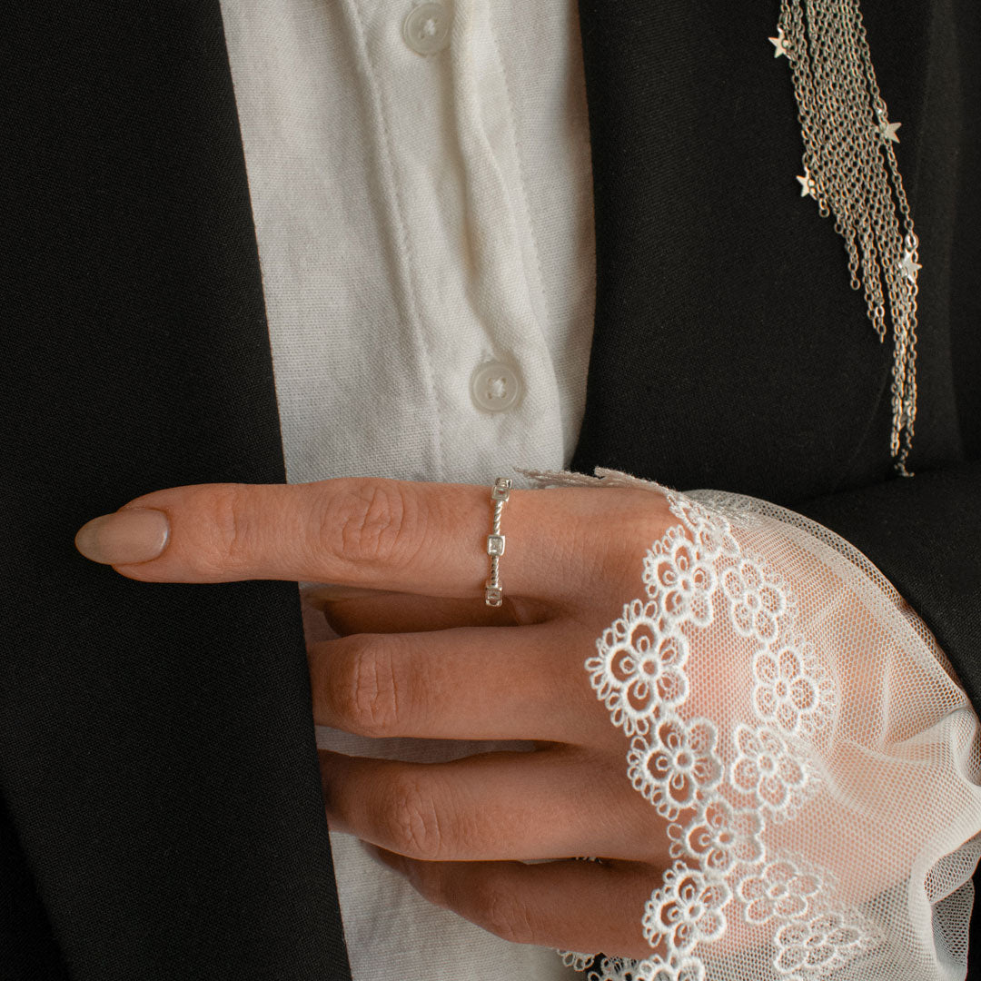 Adjustable Baguette Silver Ring