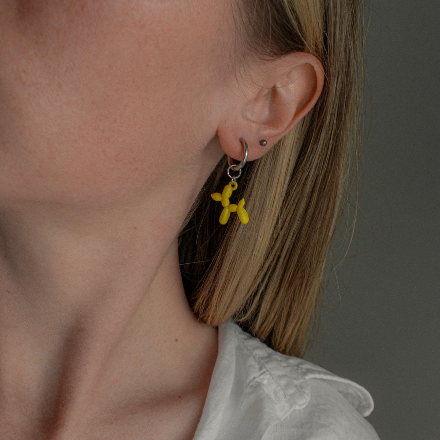 Yellow Bead & Balloon Dog Asymmetric Hoops