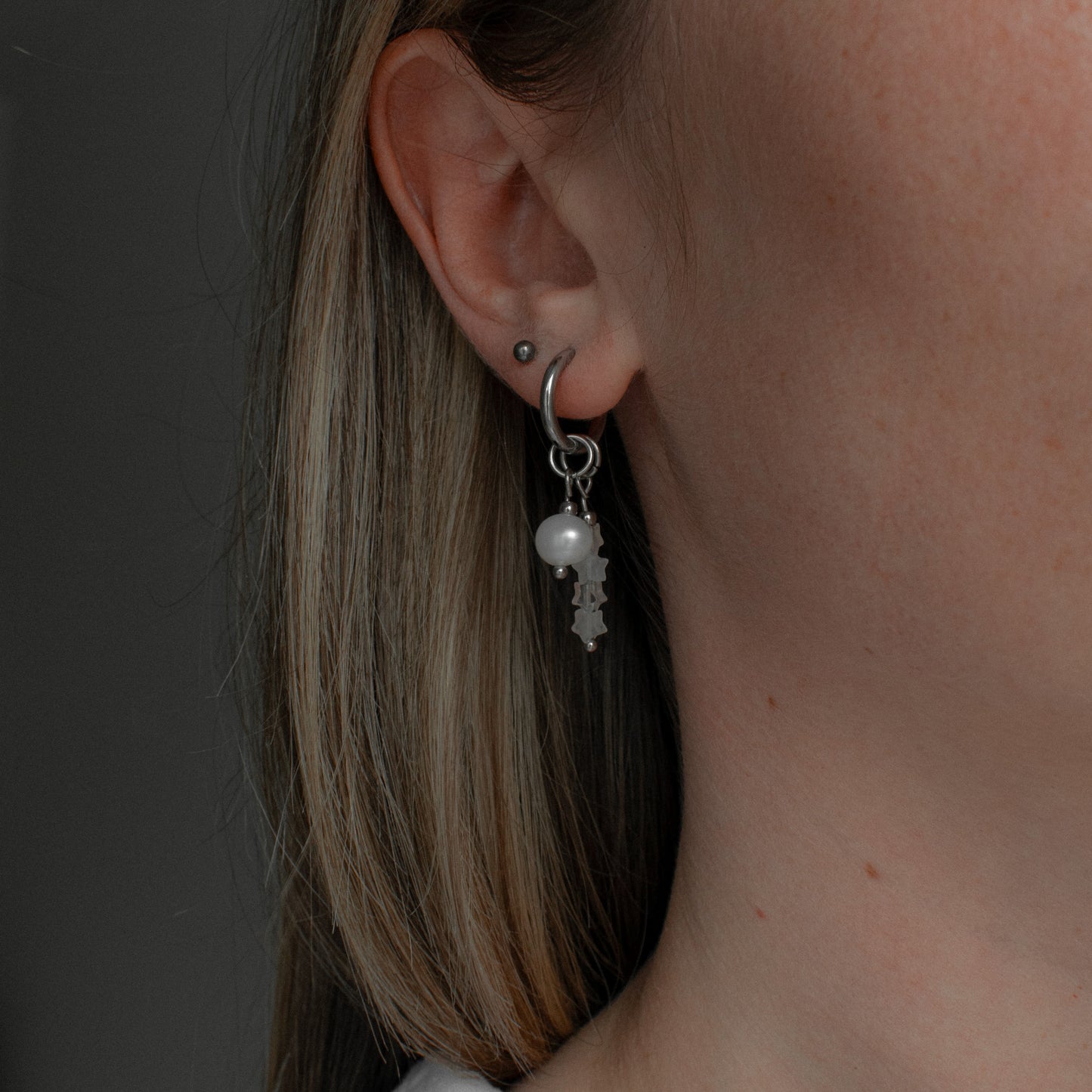 Pearl and Quartz Star Asymmetric Hoops