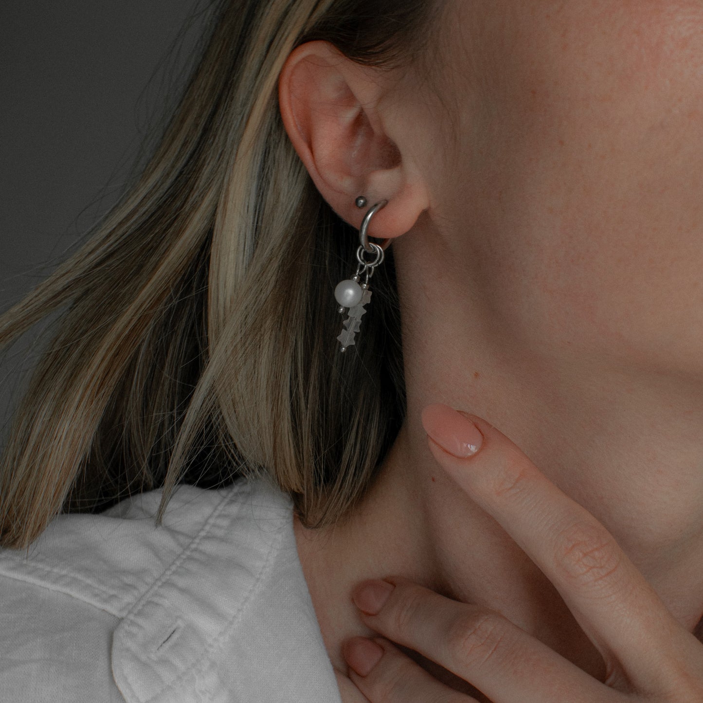 Pearl and Quartz Star Asymmetric Hoops