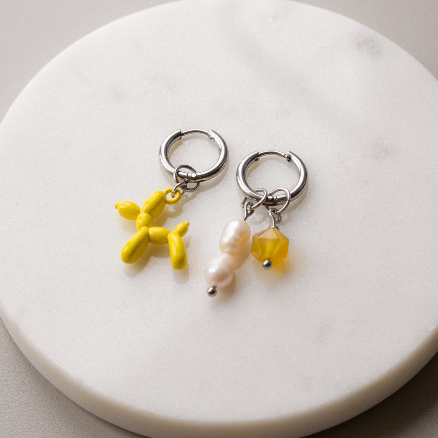 Yellow Bead & Balloon Dog Asymmetric Hoops