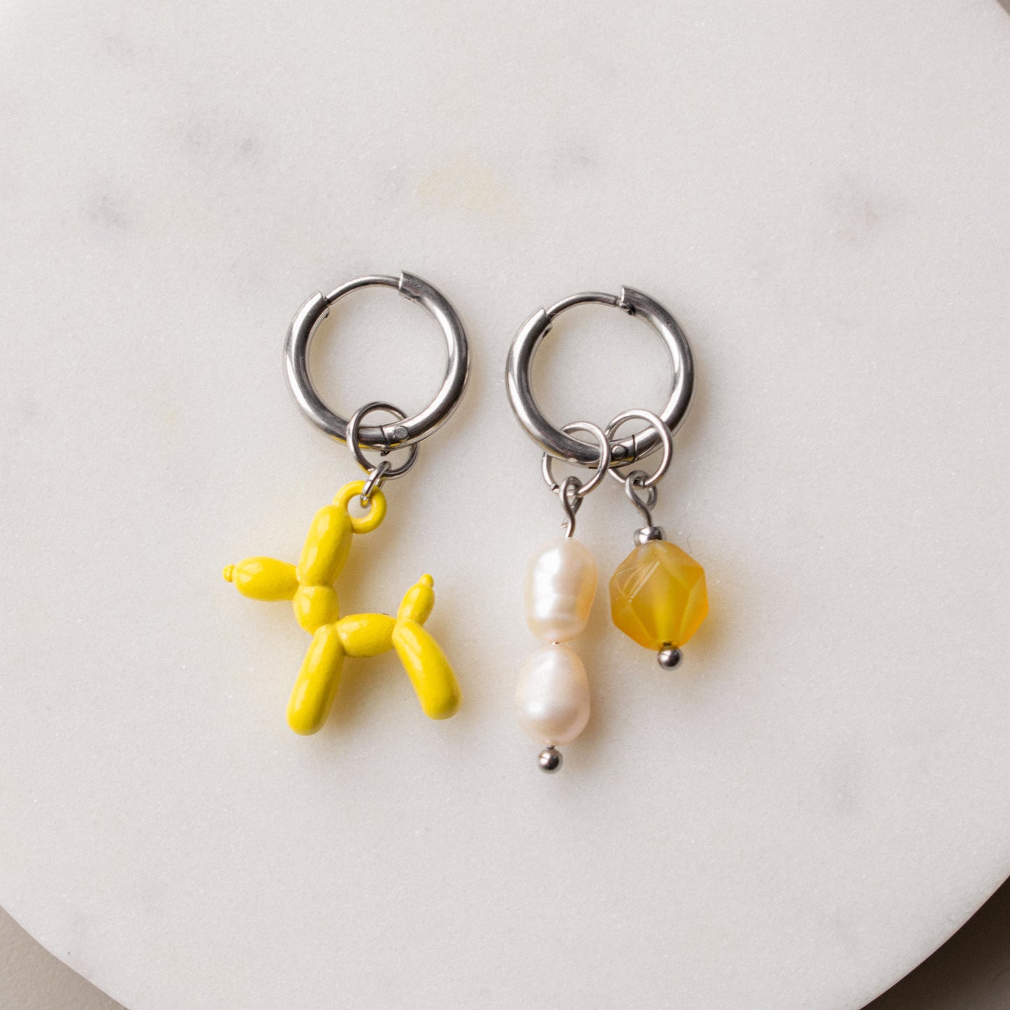Yellow Bead & Balloon Dog Asymmetric Hoops