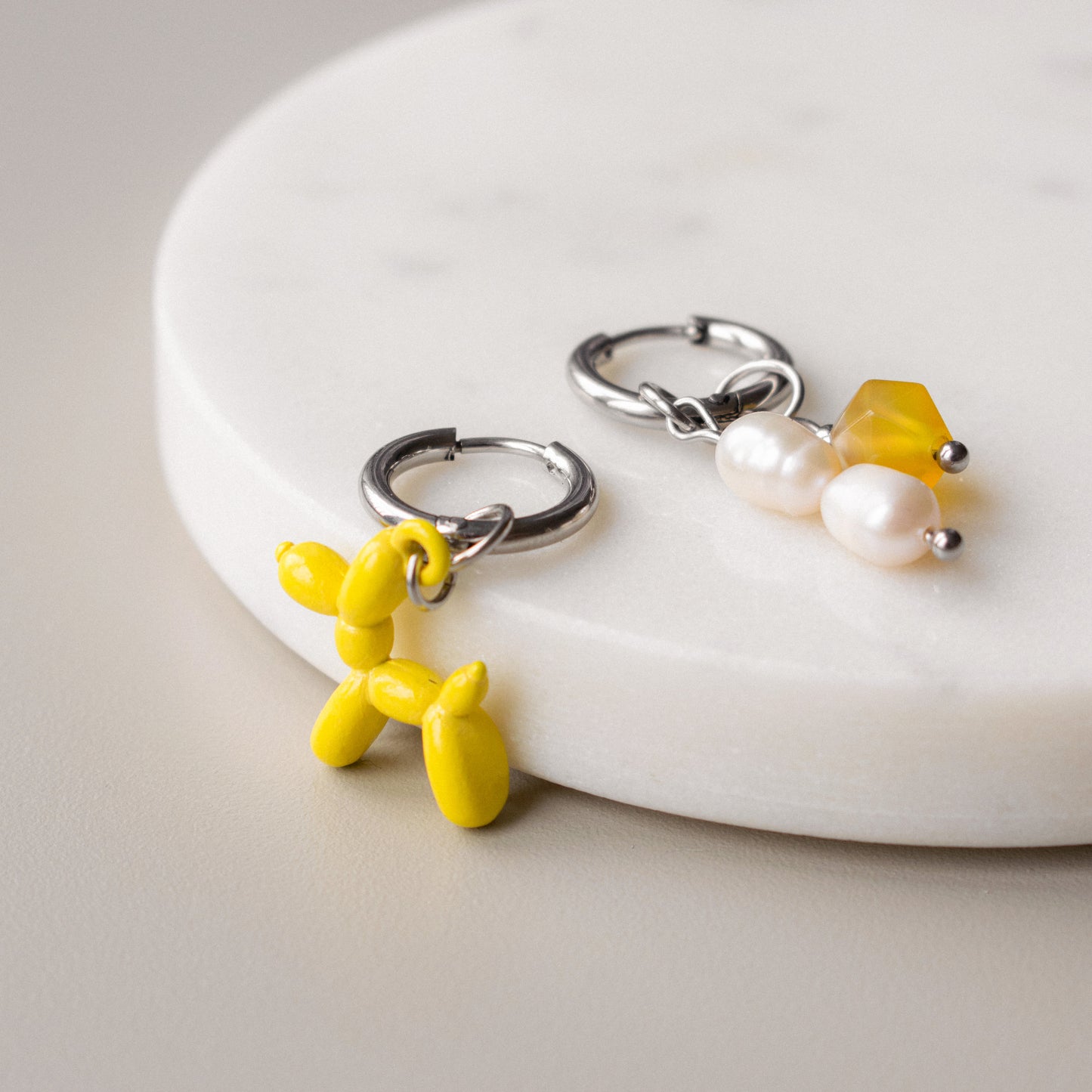 Yellow Bead & Balloon Dog Asymmetric Hoops