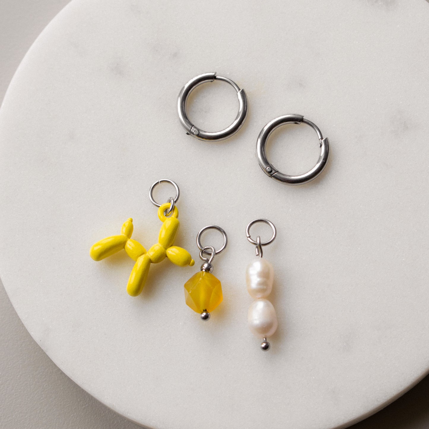 Yellow Bead & Balloon Dog Asymmetric Hoops