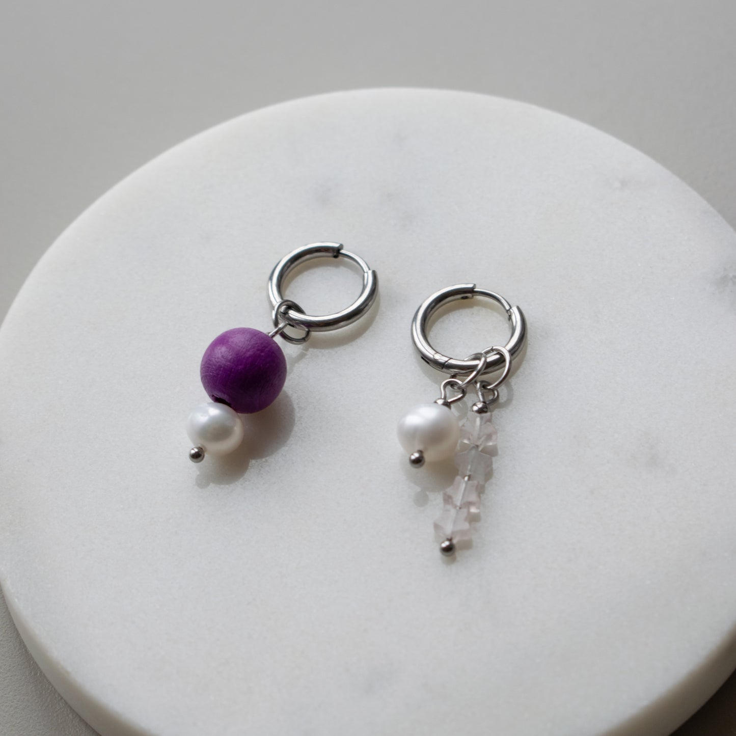 Pearl and Quartz Star Asymmetric Hoops