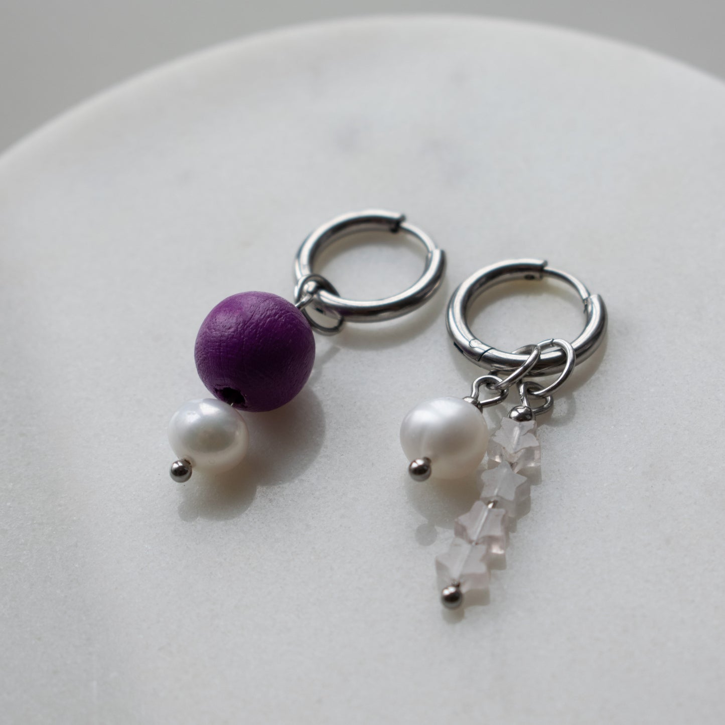 Pearl and Quartz Star Asymmetric Hoops