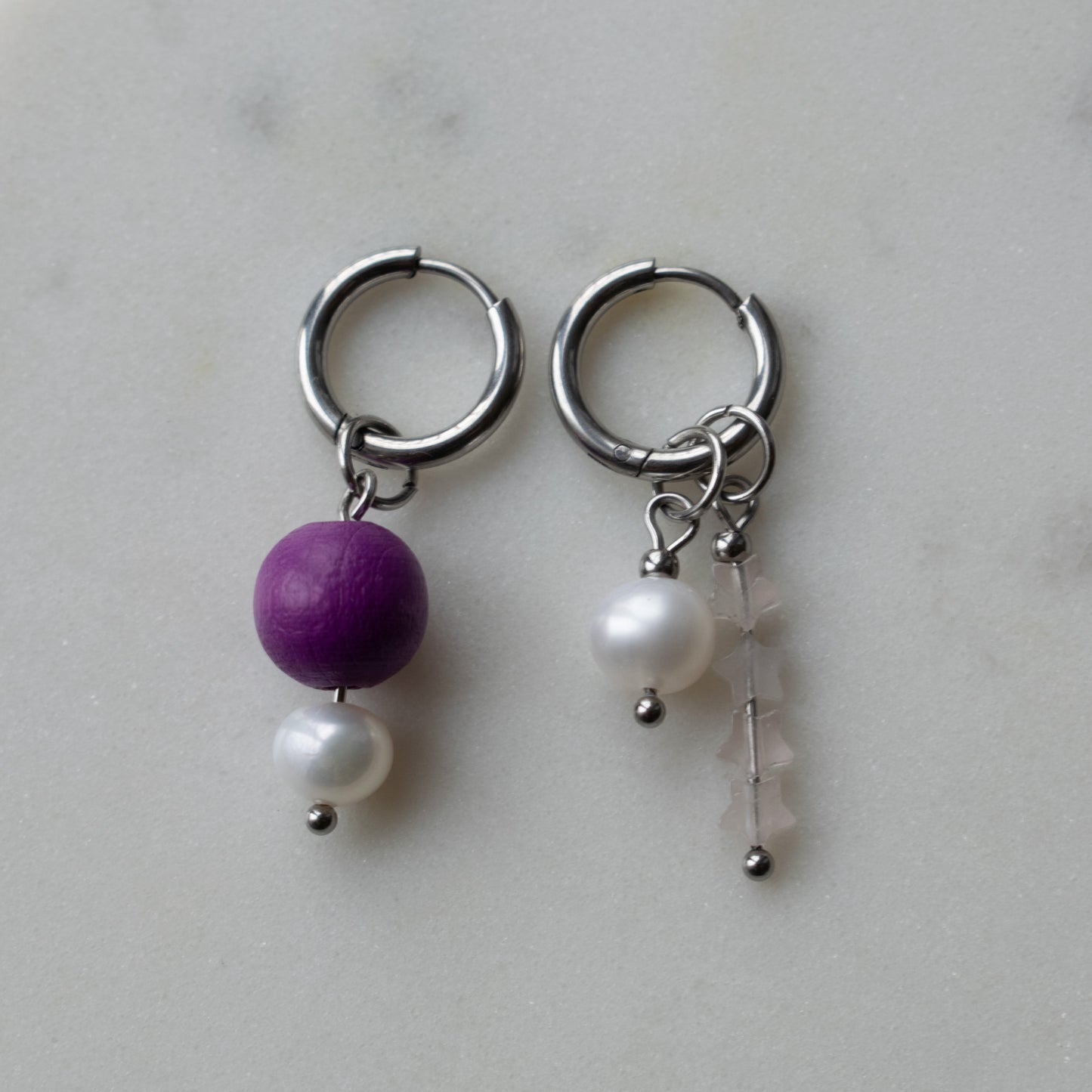 Pearl and Quartz Star Asymmetric Hoops