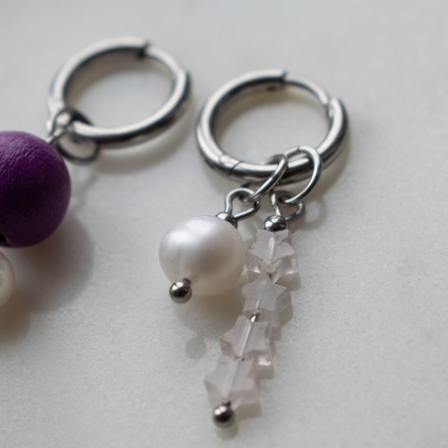 Pearl and Quartz Star Asymmetric Hoops