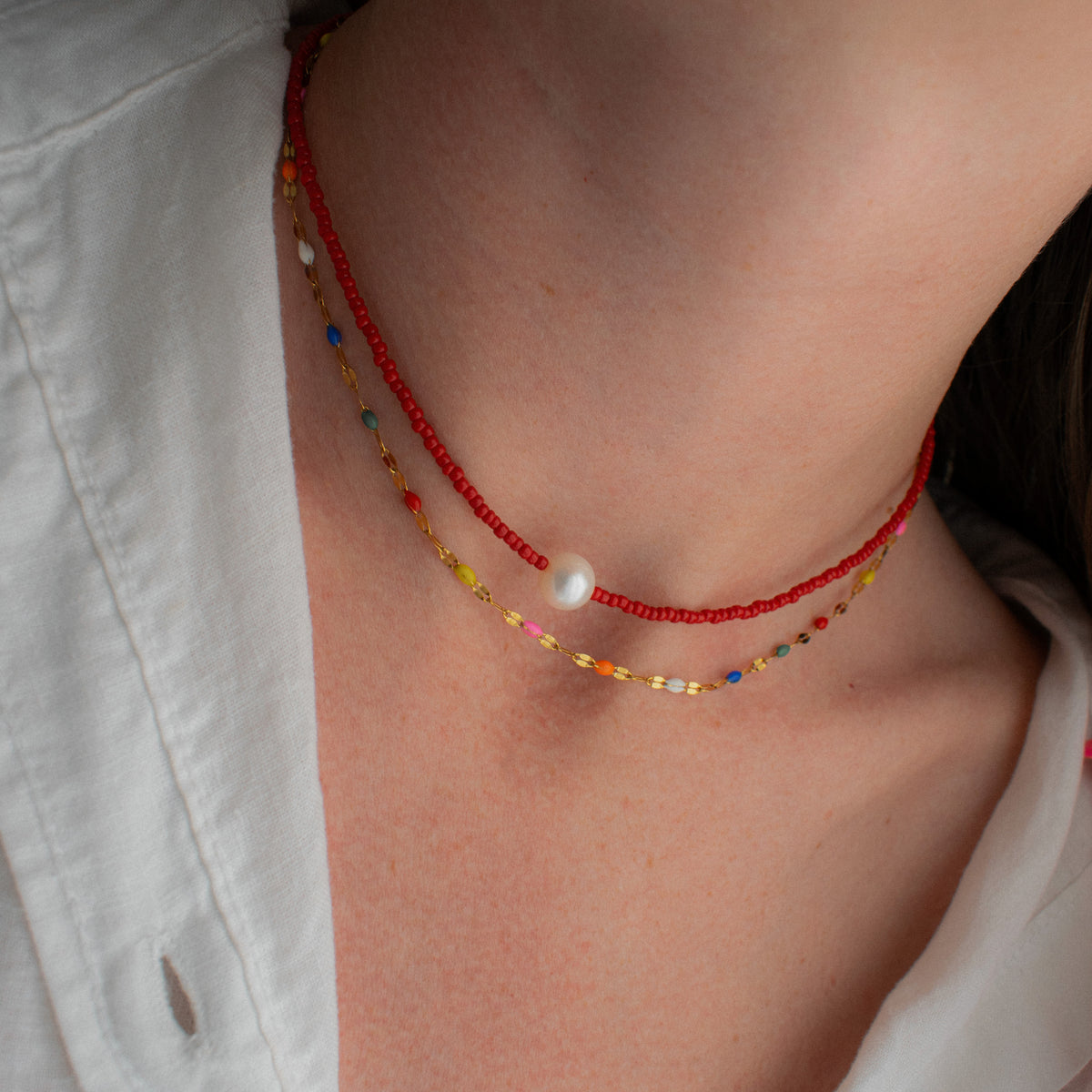 Red Beaded Pearl Necklace