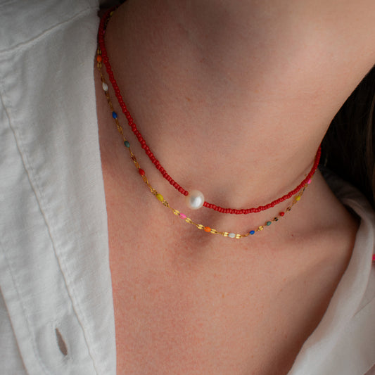 Red Beaded Pearl Necklace