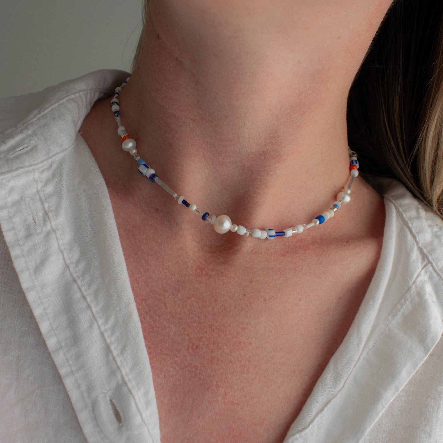 Blue Beaded Pearl Necklace "Ocean"