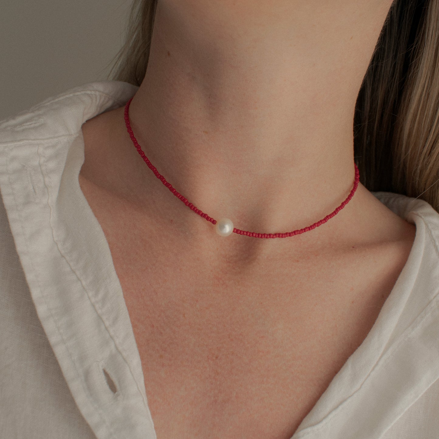 Red Beaded Pearl Necklace