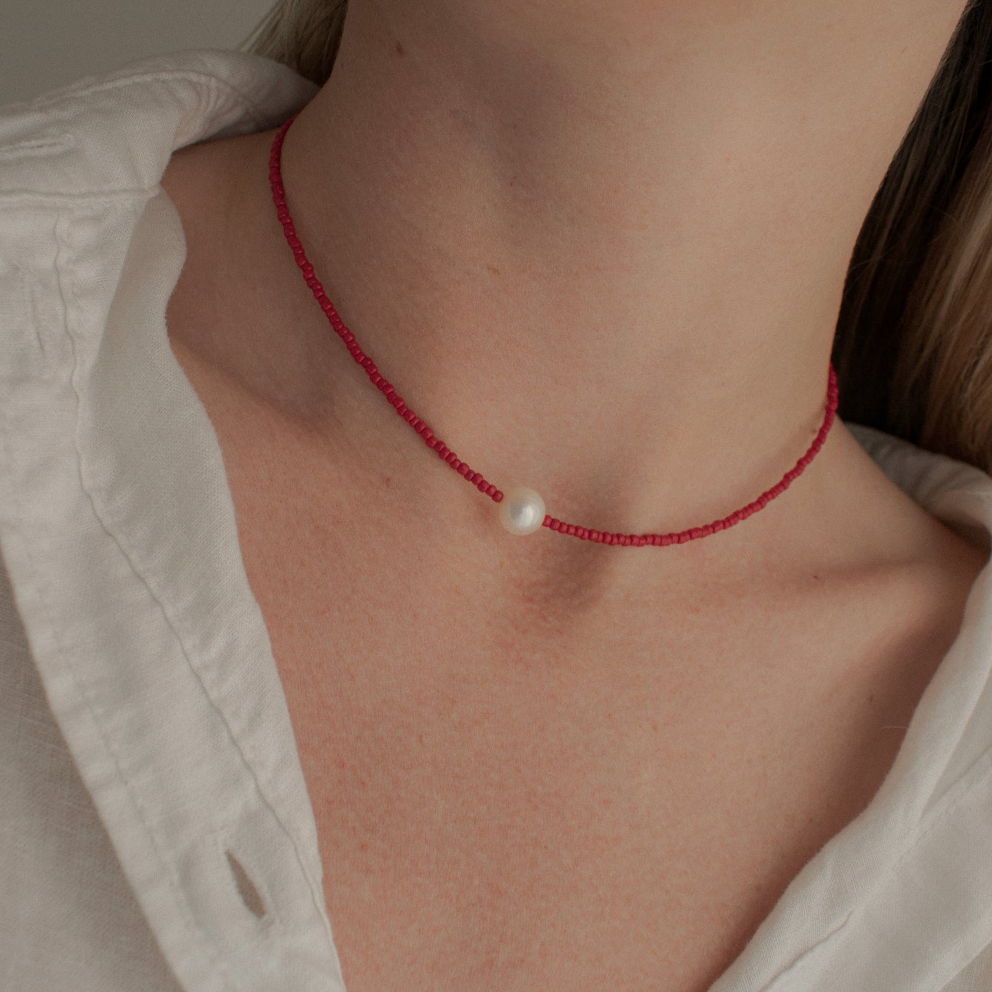 Red Beaded Pearl Necklace