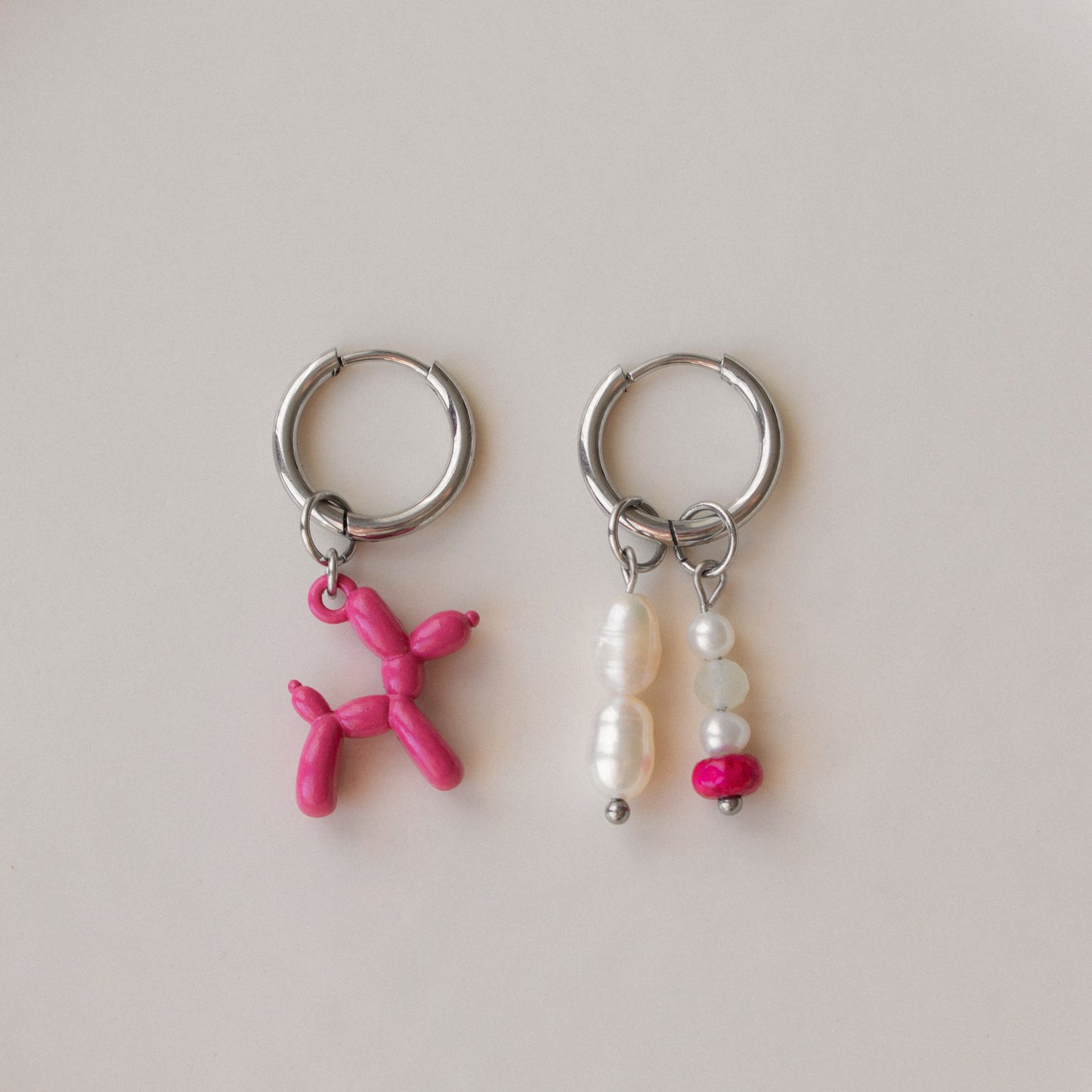 Villi - Pink Balloon Dog & Pearl Asymmetric Hoops