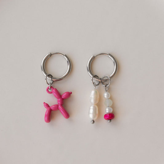 Villi - Pink Balloon Dog & Pearl Asymmetric Hoops