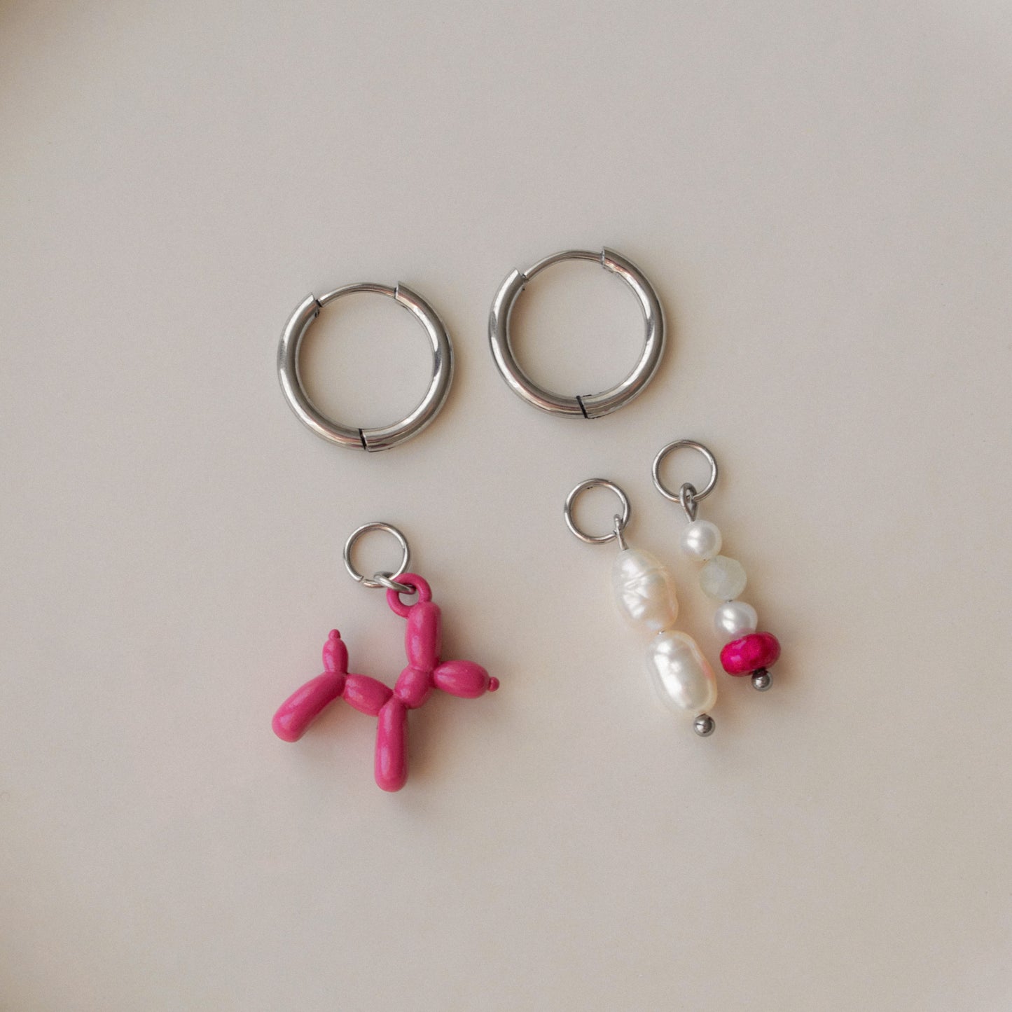 Villi - Pink Balloon Dog & Pearl Asymmetric Hoops