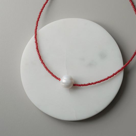 Red Beaded Pearl Necklace