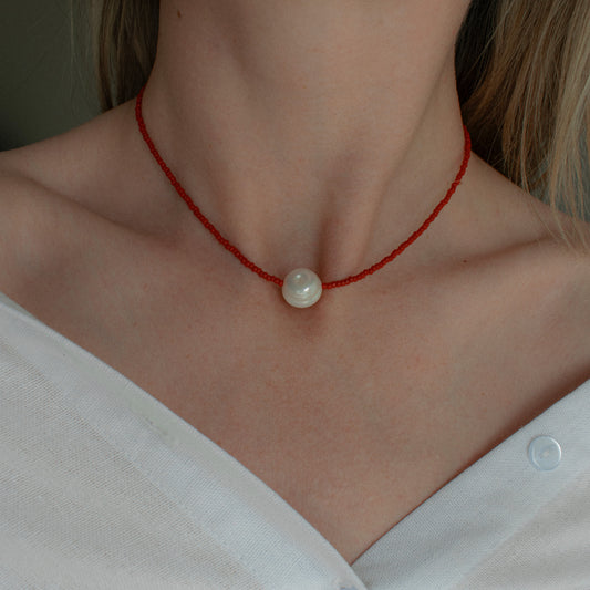 Red Beaded Pearl Necklace