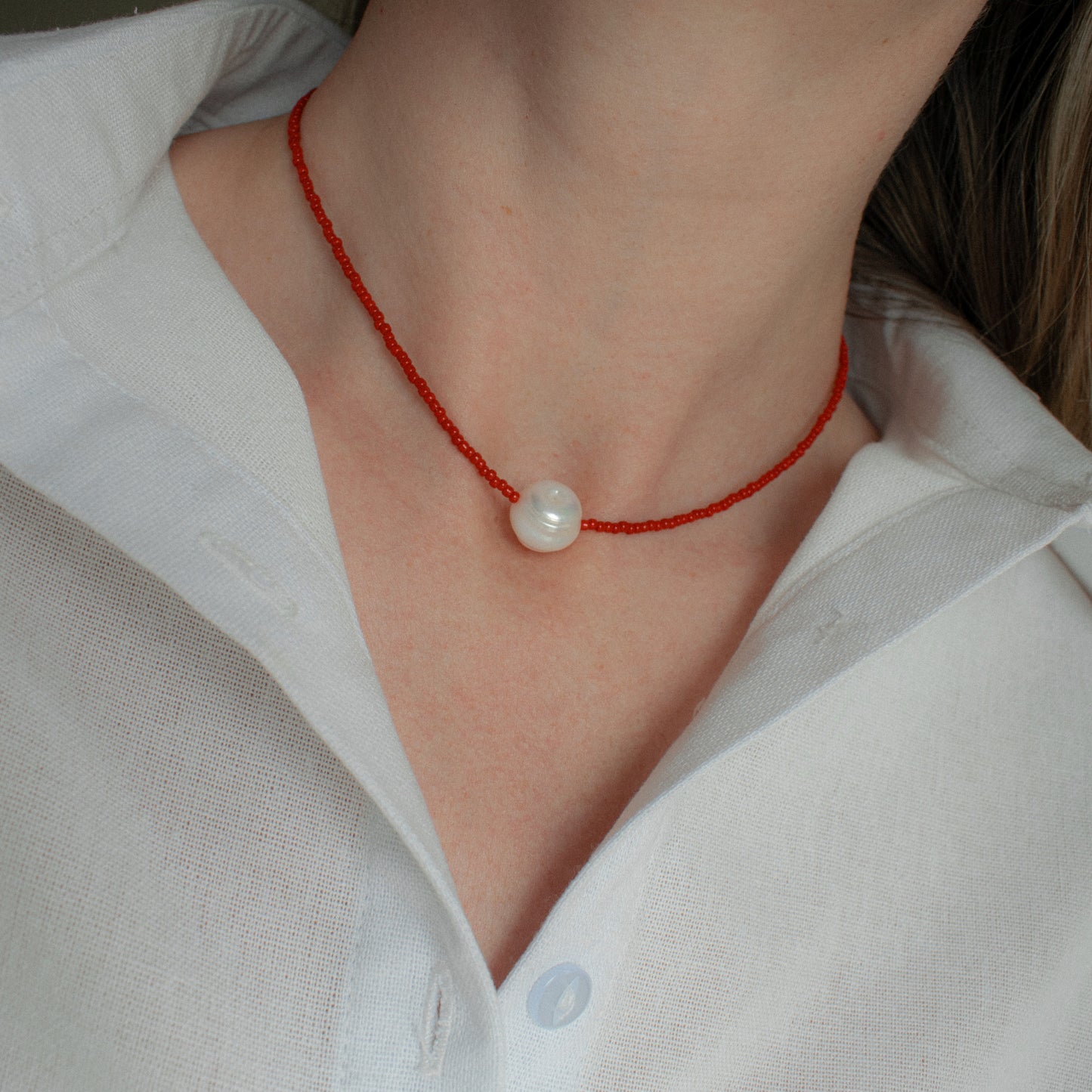 Red Beaded Pearl Necklace