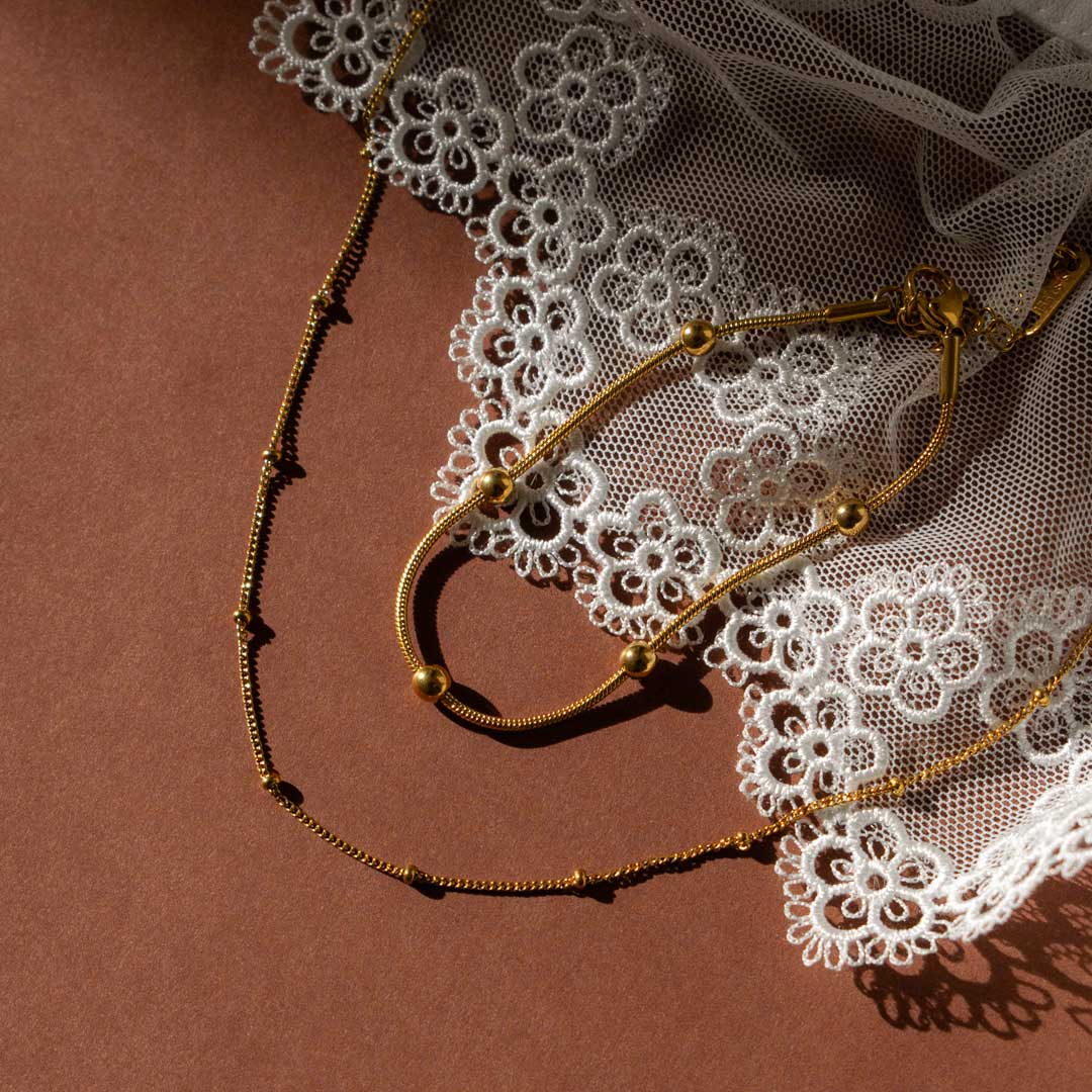Gold Bead Chain Necklace & Bracelet Set